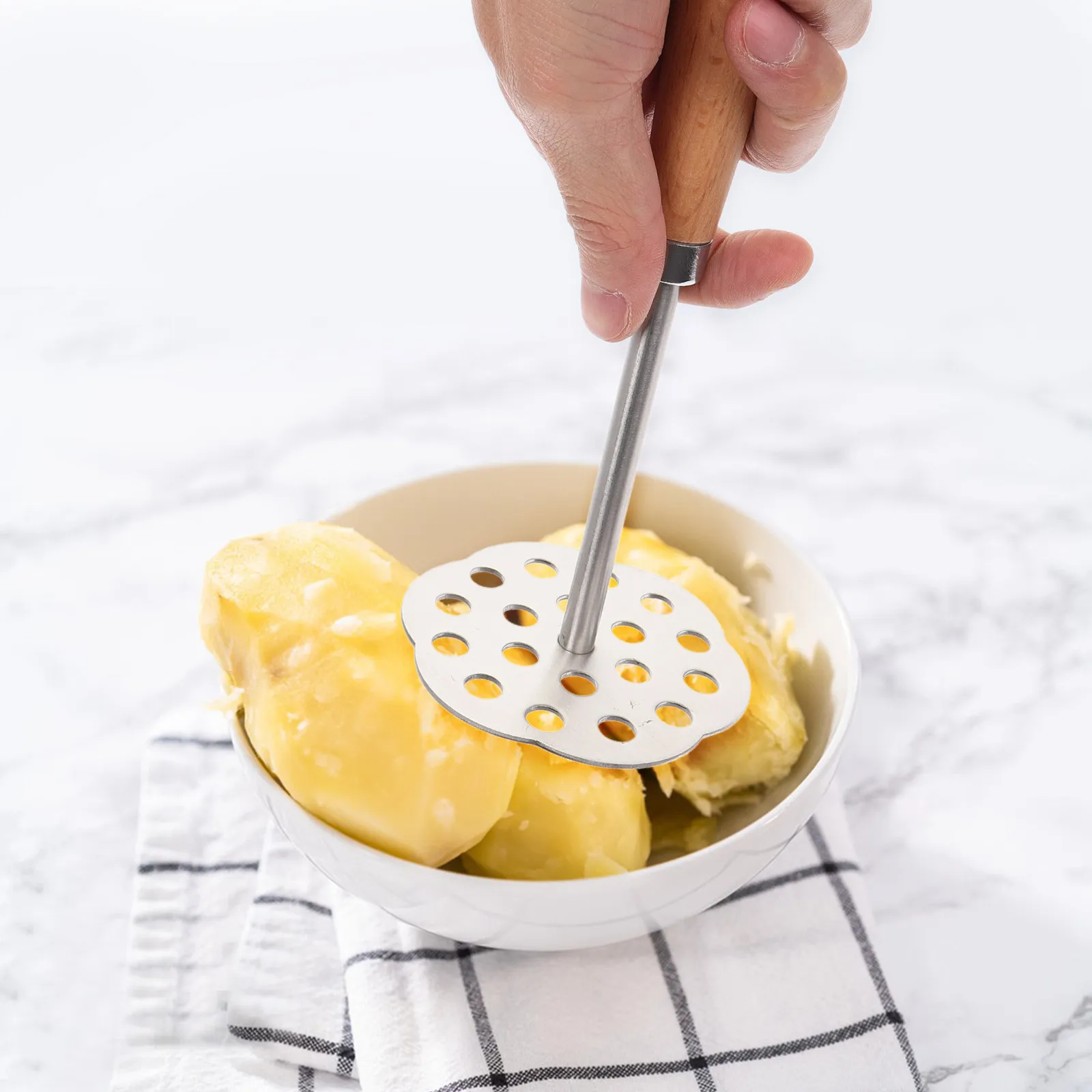 

Stainless Steel Potato Masher Wood Handle Manual Nonstick Vegetable Smasher Crusher Ricer Press Tool for Fruits Avocado Garlic