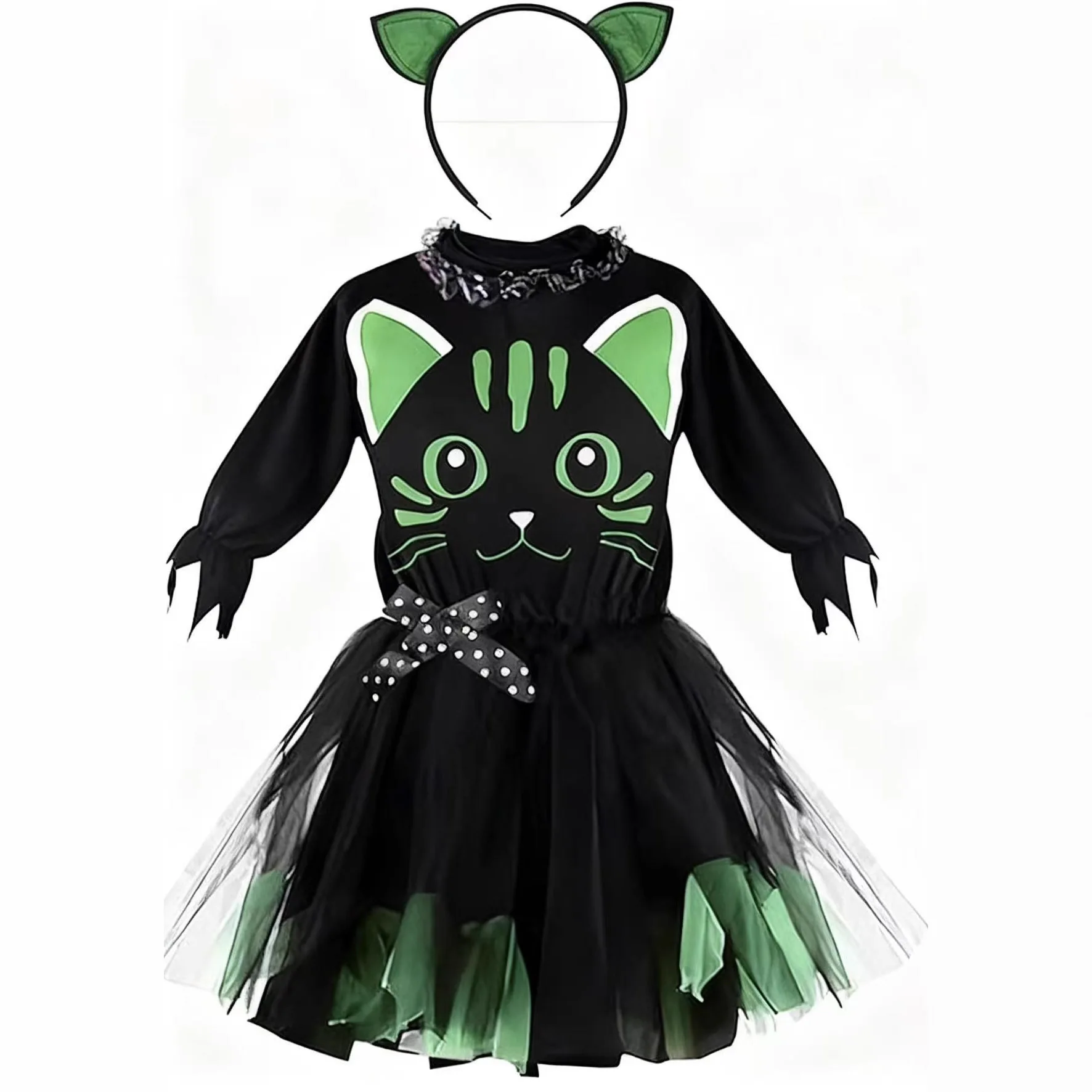 Kinder-Halloween-Rollenspiel-Kostüm: Schwarzes Katzen-Tüllkleid für Mädchen mit Stirnband, Besen und Süßigkeitentasche für Halloween-Partys und Aufführungen – Detail 11