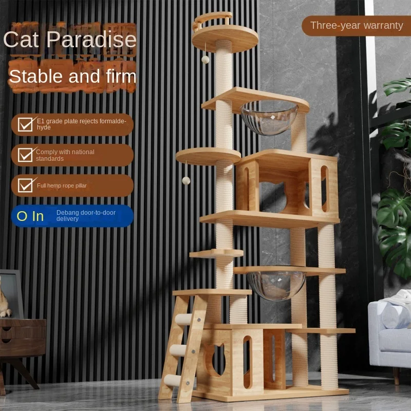 Solid wood ca climbing frame litter cat tree one litter scratch board through sky column capsule platform