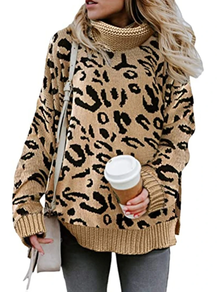 Casual Knitting Sweater Women\'s Leopard Print Turn-down Coiiar Long Sleeve Tops Autumn Winter New Casual Pullover Sweaters 2024