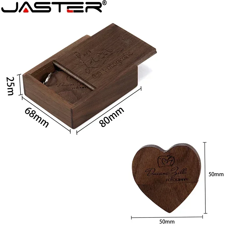 JASTER-lápiz de memoria USB 2,0 + caja, Corazón De Madera de nogal, logotipo personalizado gratis, con llavero, regalo de boda, disco U, 8G