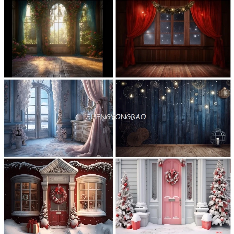 SHENGYONGBAO Christmas Day Fireplace Photography Backdrops Prop Window Living Room Interior Storefront Door Background DR-13