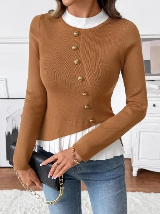 Women's Sweater 2025 Spring Autumn New Solid Color Casual Fashion Button Decor Round Neck Long Sleeve Casual Slim Fit Sweater
