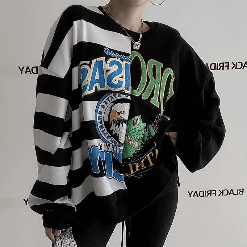 سويت شيرت كلاسيكي أنيق برقبة دائرية وأكمام طويلة مطبوع عليه حروف فضفاضة للنساء على الطراز الكوري، بلوزة مريحة للخريف