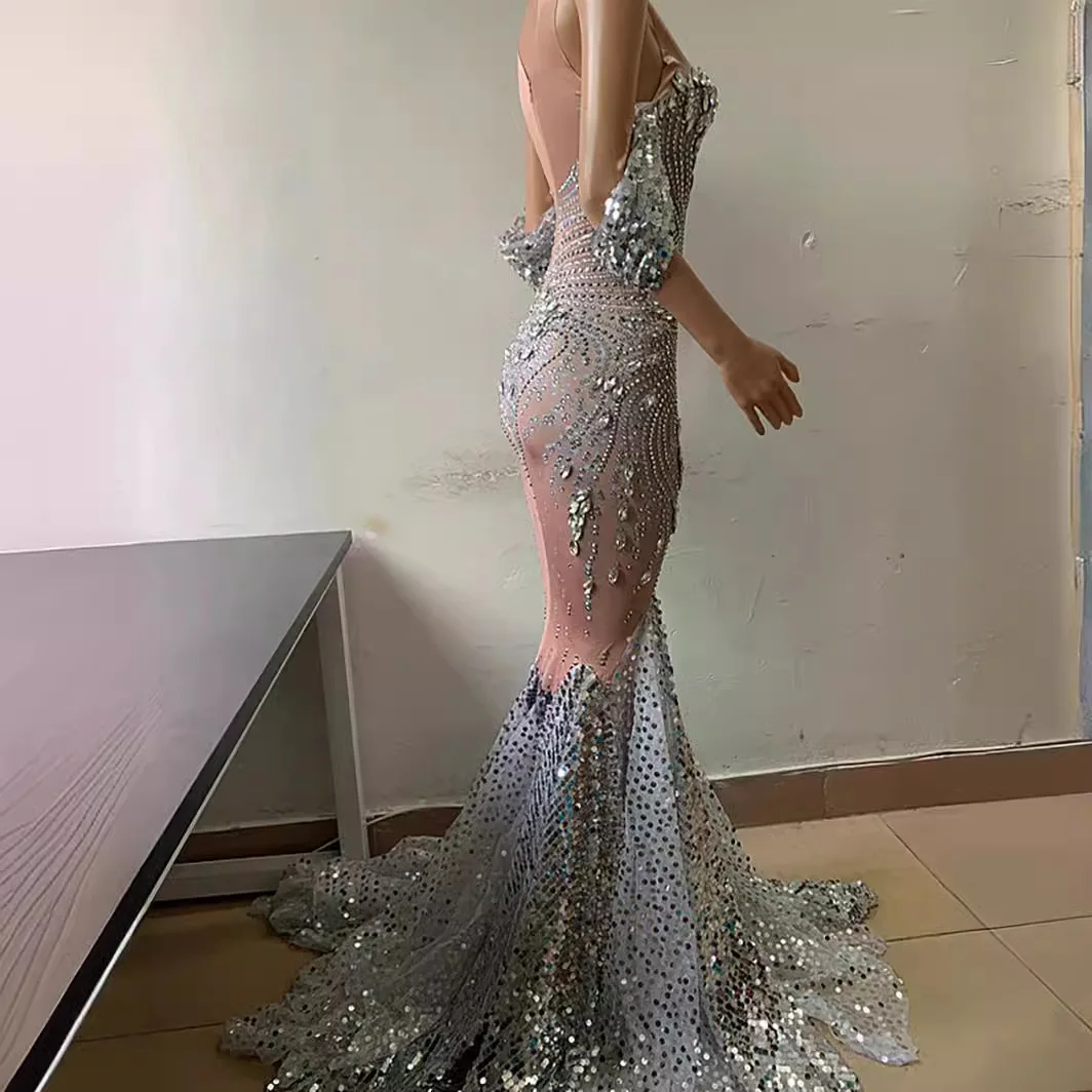 2025 Popular Bright Crystal Sequins Elegant Fishnet Dress, Off-the-shoulder Wedding Dress Women Dresses for Party and Wedding