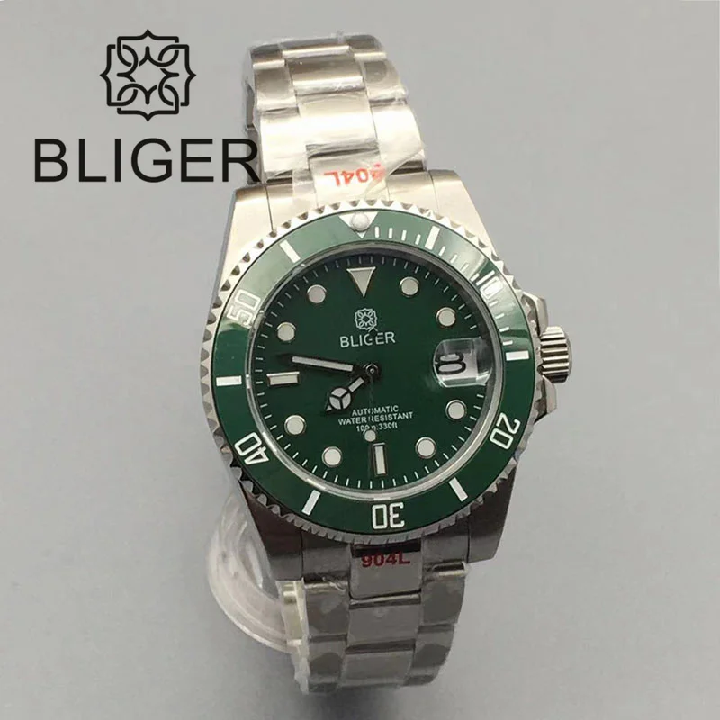 BLIGER Relógio Automático Masculino, Vidro Safira, Inserção Verde, Bracelete Luminoso em Aço Inoxidável, 24Jewel, NH35, 40mm