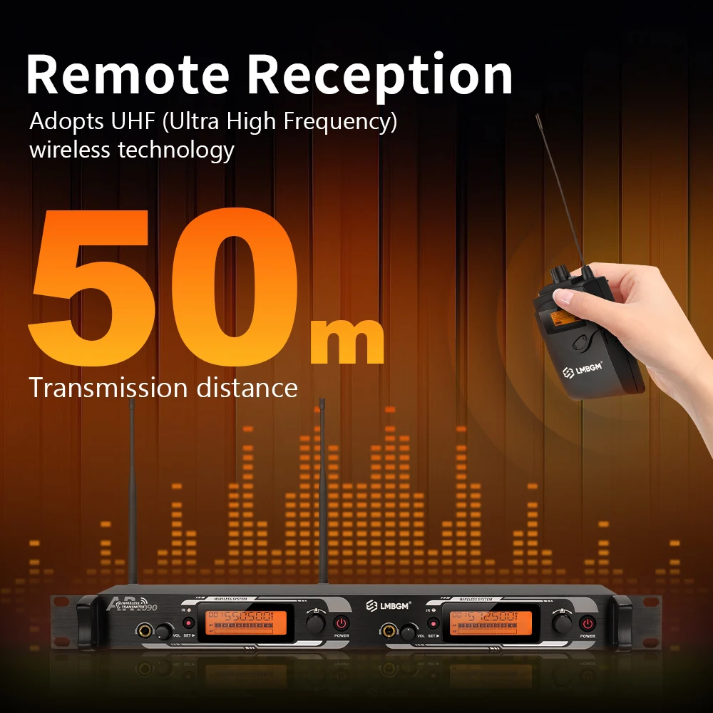 

LMBGM-AR2090 Pro Stage Mono In Ear Monitoring System Dual Channel UHF164FT Range for Band, Recording Studio (8/10 Belt Packs)