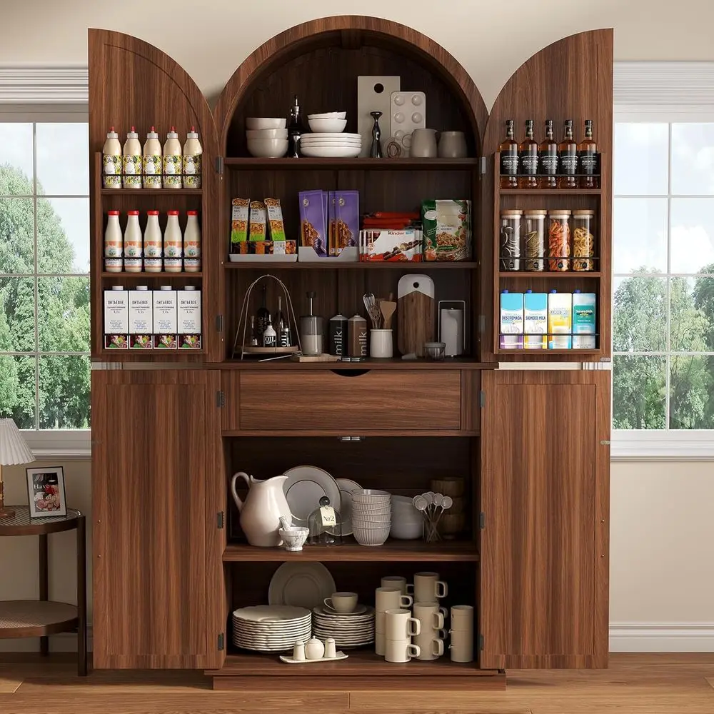 71 Walnut Arched Kitchen Pantry Cabinet with 6-Tier Door Shelves & Adjustable Storage for Dining, Living, Bathroom