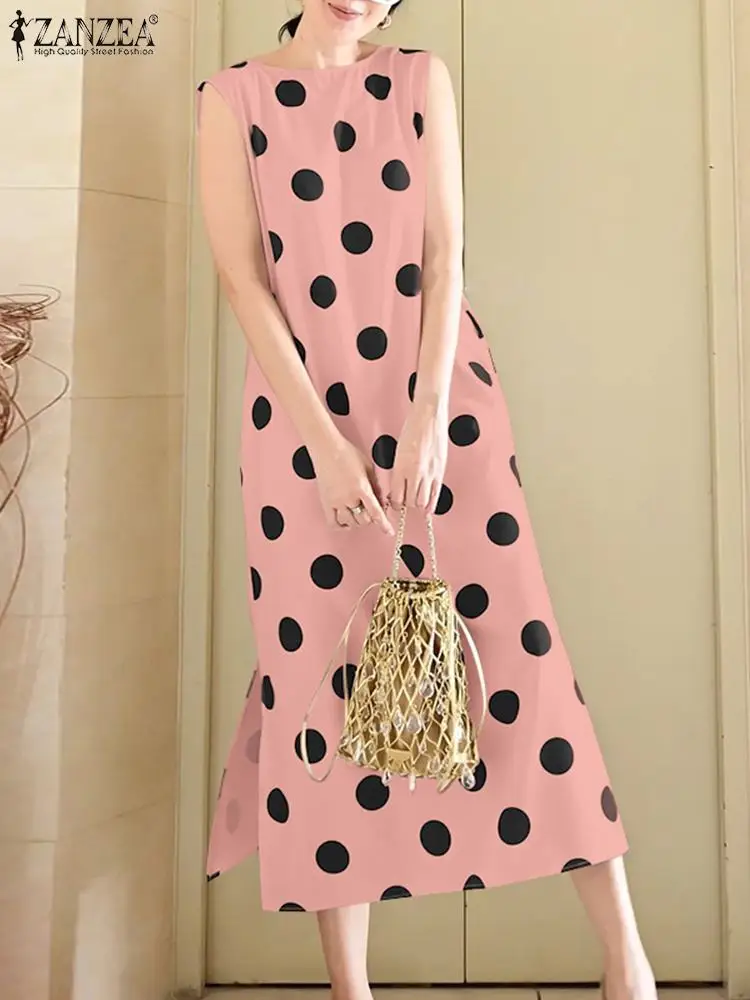 Casual Sleeveless Tank Long Dress Korean Women Dots Print Robe ZANZEA 2024 Autumn Loose O-neck Vestidos Fashion Holiday Dresses