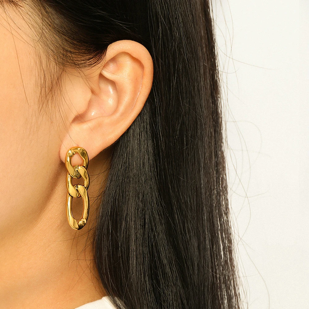 

INS Hot Stainless Steel Metal Stud Earrings for Women Gold Plated Jewelry Statement Cuban Chain Hanging Earring Waterproof