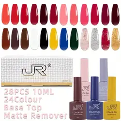 JR 28 pcs 10ml gel nail polish set Including 24 colors top coat base coat remover matte Gel Polish Kit UV LED Soak Off Polish