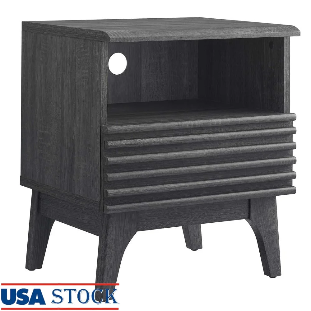 

Modern Particleboard Nightstand with Full-Extension Drawer Tapered Legs Open Storage Cable Management Mid-Century Accent Table