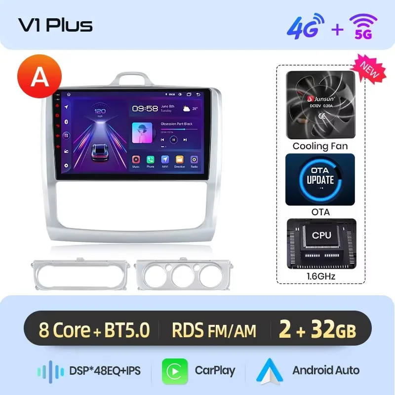 Junsun draadloze CarPlay Android Auto autoradio voor Ford Focus Mk2 (C307) 2004-2011 met ingebouwde koelventilator, Android GPS navigatie, multimediaspeler, WiFi, DSP, RDS, BT, SWC, IPS touchscreen,