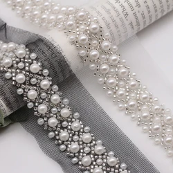1Yard White Black Pearl Lace Beaded Trim 4.5CM Wide Embroidery on Mesh Pearl Ribbon DIY Crafts Bel Decoration Sewing Clothes