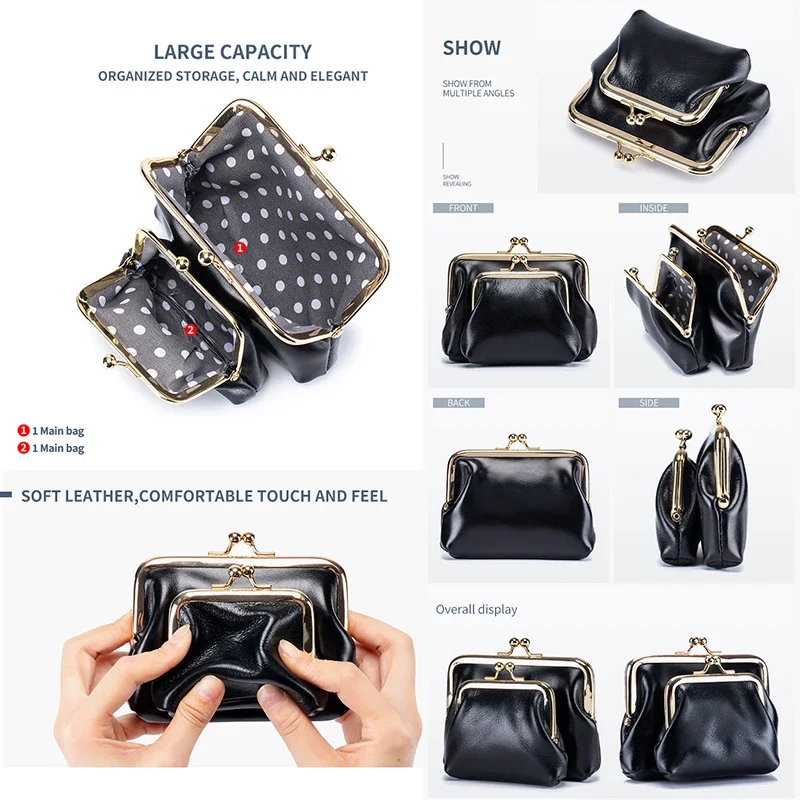 Luxury Double Layer Coin Purses for Women Genuine Cow Leather Card Holder Simple Female Wallet Purse Fashion Vintage Storage Bag