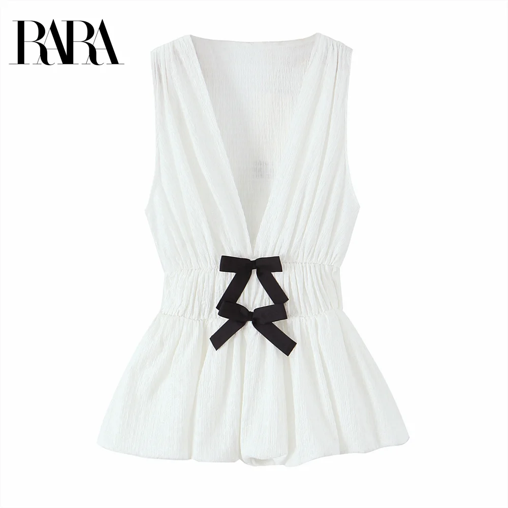 

2025 RARA Women's Sleeveless Top Deep V Neck Design with Ruched Detailing and Bow Accents at Waist for a Flattering Look