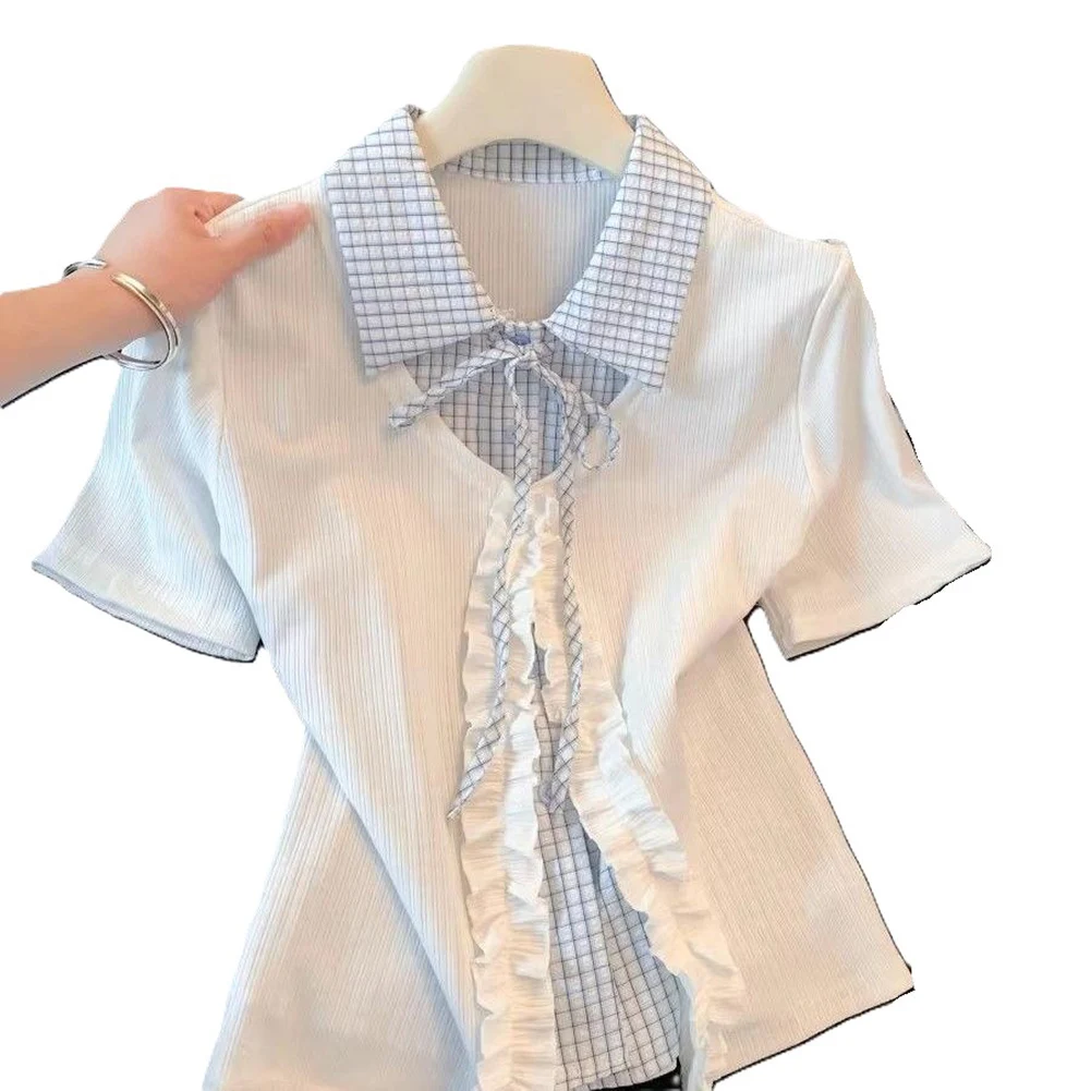 Ladies' Fake Two-piece Lace Up Patchwork Checkered Short Sleeved Shirt Tops Suitable For Spring And Autumn