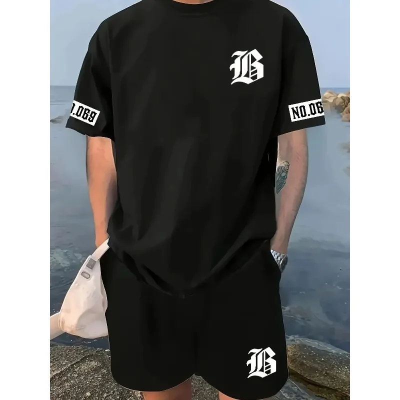 

Hot selling summer new men's set with letter print casual fashion T-shirt short sleeved shorts sports outdoor set