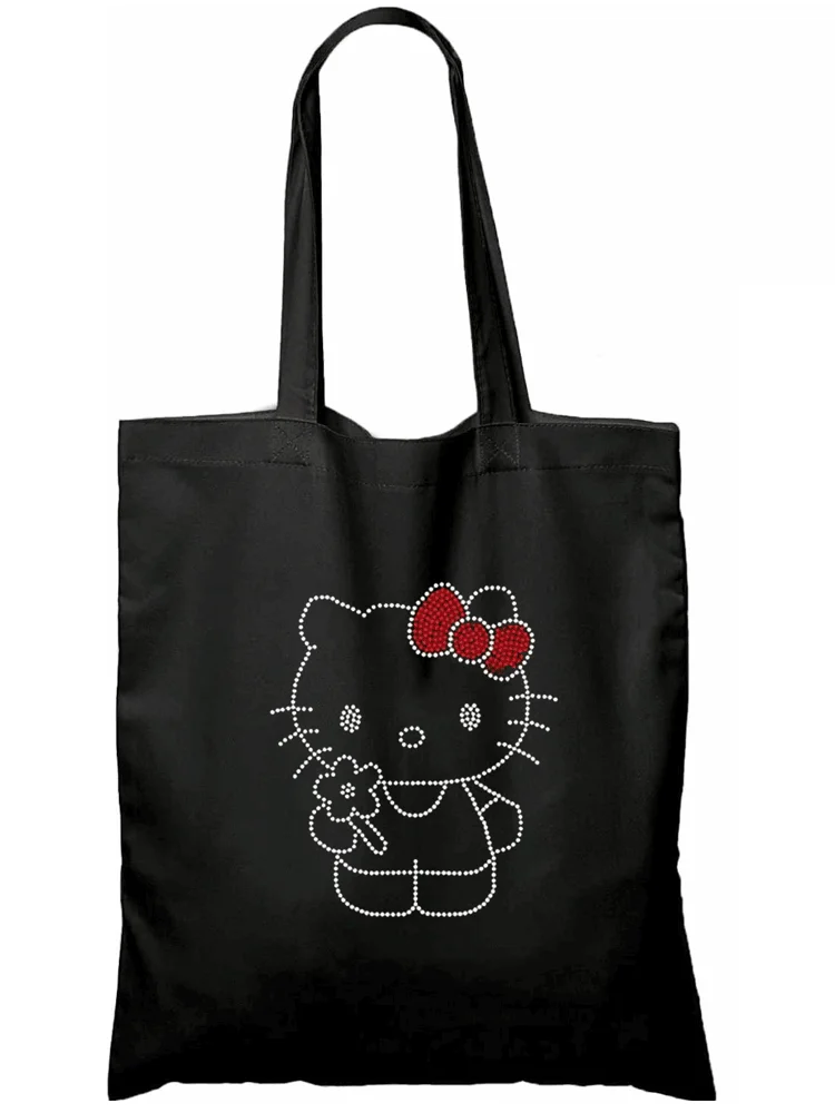 Black Cotton Tote Bag Lightweight Medium Reusable Grocery Shopping Cloth Bags hello kitty  Flash diamond print 34cm*42cm