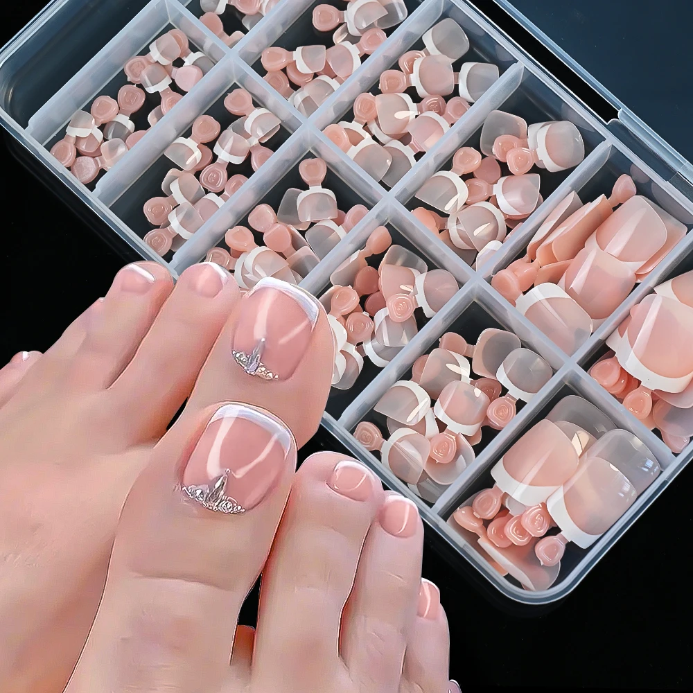 120Pcs 9-Colors French Fake Toenails Summer Short Sqaure Press On Toe Nails Tips Glossy Nude/Pink/Brown Full Cover False Toenail image 3