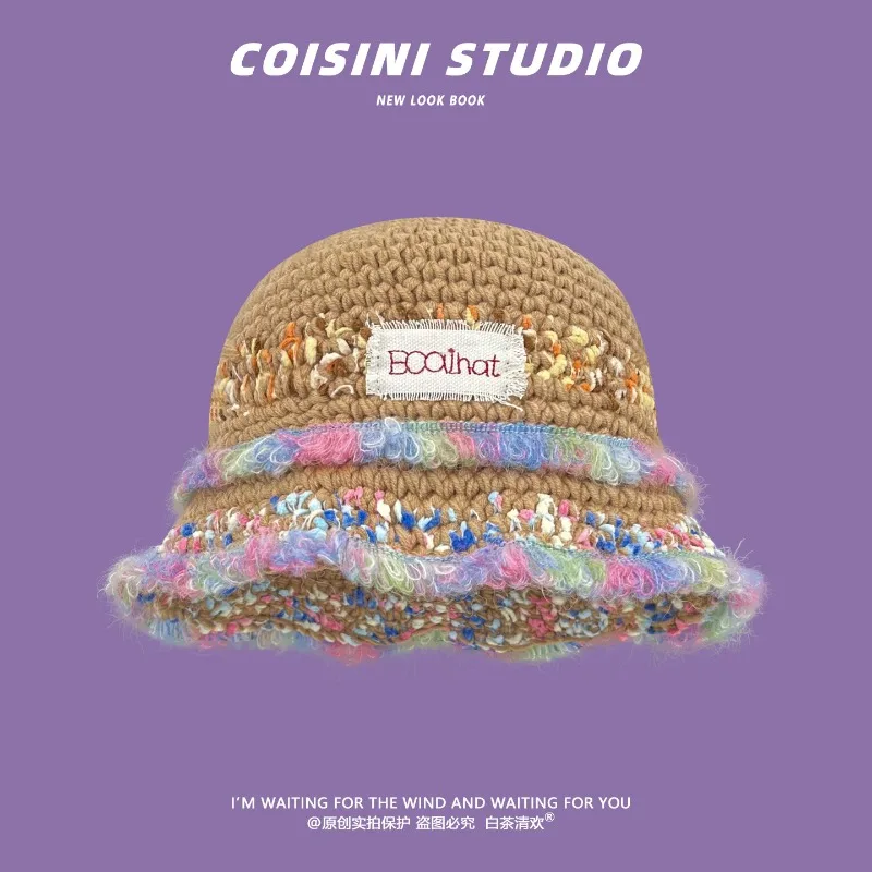 Koreanischer Stil Süßer Bunter Gestrickter Bucket Hat mit Rohkante für Herbst und Winter Warme Reise-Kuppelmütze für Frauen – Detail 1