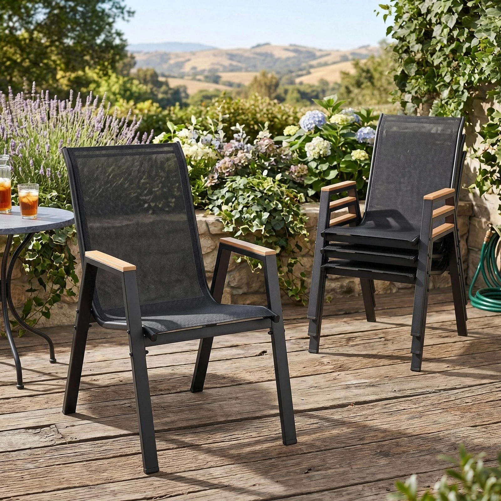 Chaises de jardin empilables, lot de 4, chaises de patio à dossier haut avec accoudoirs, Textilène, structure en métal, 54x73x90 cm, jusqu'à 150 kg, pour jardin, cour, balcon, restaurant