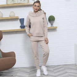 JANEFUR 2023 Women's Suit Fashion Casual Lounge Set Knitted Suit Solid Loose Hoodie With Real Fur Collar Fall Clothes For Women