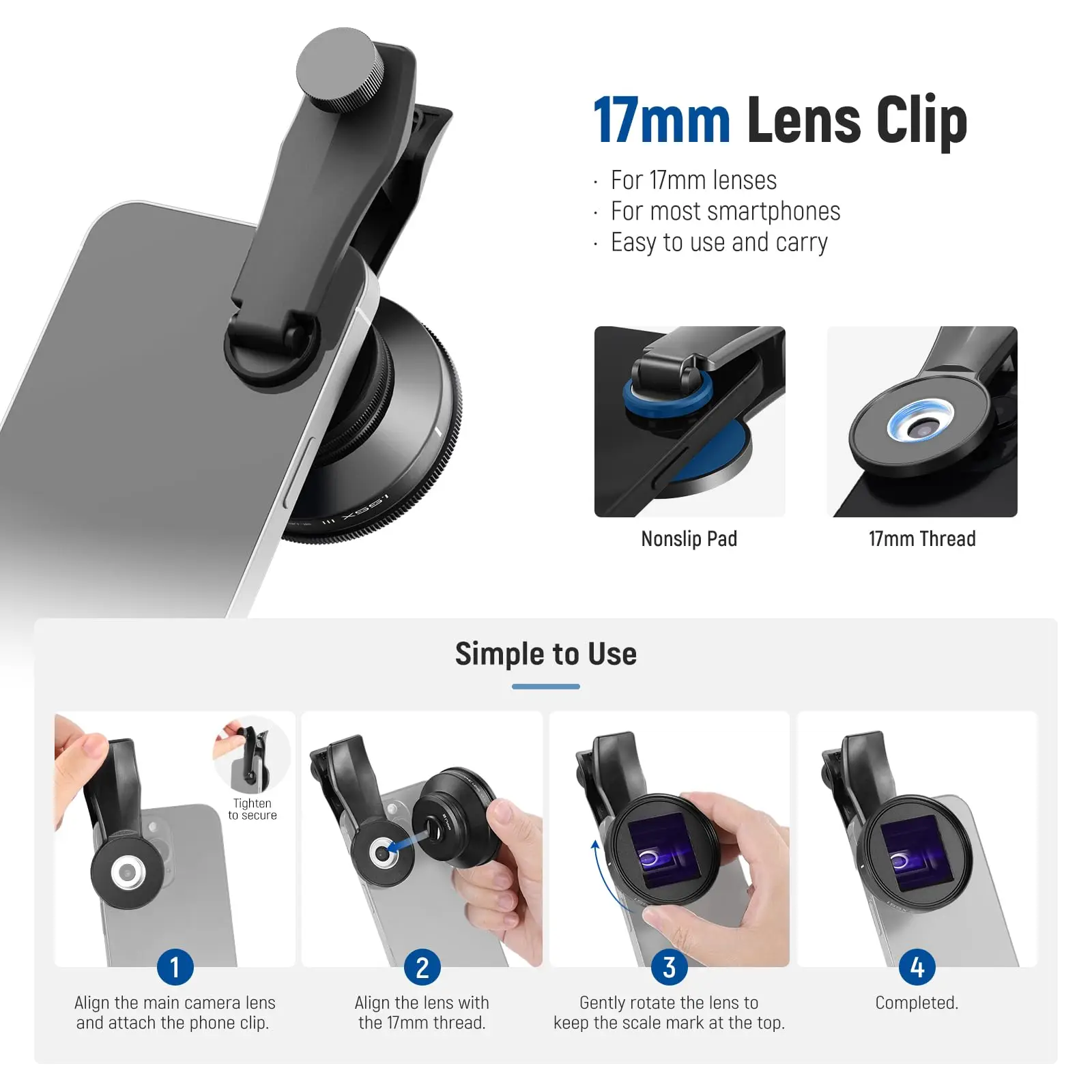NEEWER 1.55x Blue Anamorphic Lens for iPhone Android Samsung with 17mm Threaded Lens Clip & 58mm Filter Adapter Ring