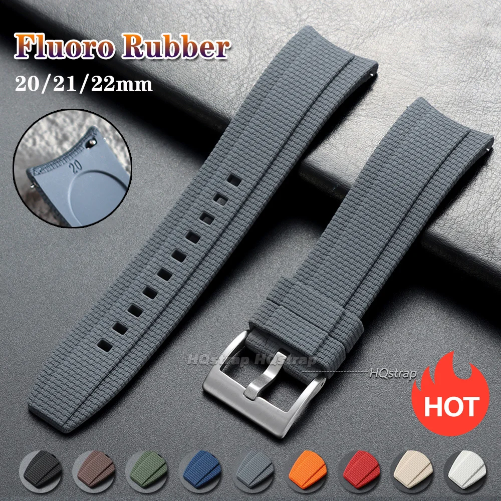Curved End Genuine Rubber Watch Strap 20mm 21mm 22mm Universal Sport Bracelet Quick Release Waterproof FKM Fluororubber Band