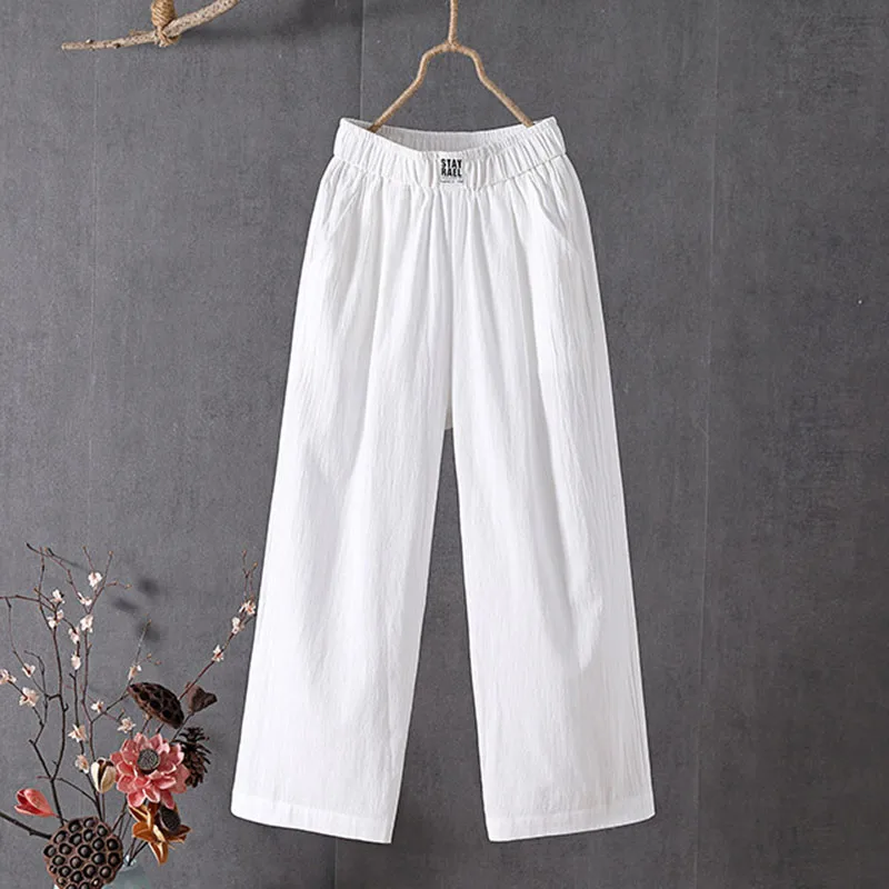 Sommerliche, lockere Freizeithose für Damen, bequem, atmungsaktiv, elastische Taille, weites Bein, einfarbig, vielseitig kombinierbar, Baumwoll-Leinen-Hose – Detail 10