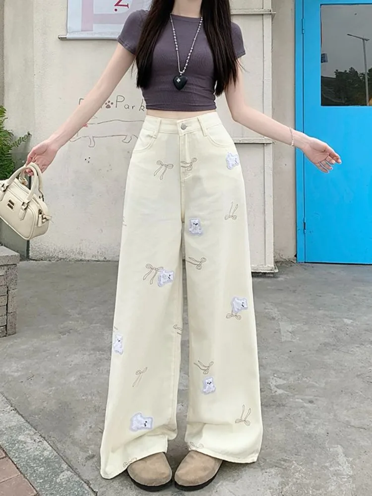 Women Retro Bow Y2K Korean Style Fashion Denim Pants Loose 2025 Sweet Girl Wind Embroidered Bear Pattern Jeans