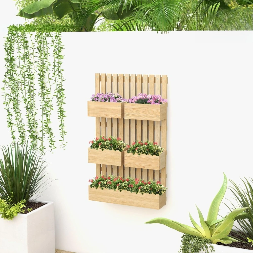 

5 Box Raised Garden Bed with Trellis for Vine Flowers & Climbing Plants, 39" Tall Wall-Mounted Wood Planter Box Set, Customized
