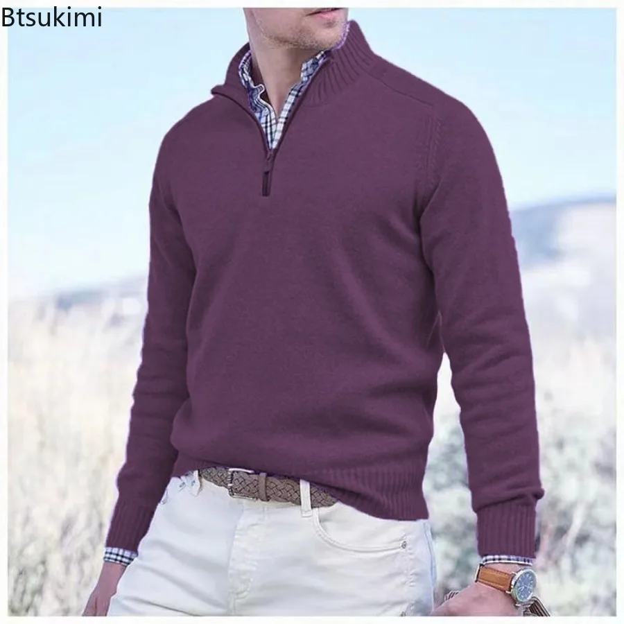 Autumn Winter New Men's Mock Neck Knitted Sweater Solid Long Sleeve Half Zipper Pullover Tops Male Casual Warm Knitwear Sweaters