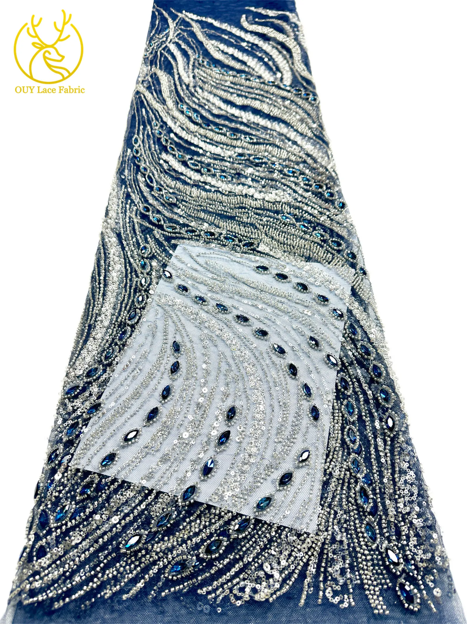 Marineblauer, hochwertiger, luxuriöser, österreichischer Diamant-Perlen-Spitzenstoff im neuen Stil 2026, afrikanischer Pailletten-Spitzenstoff für Brautkleider und Hochzeitsfeiern. – Detail 28