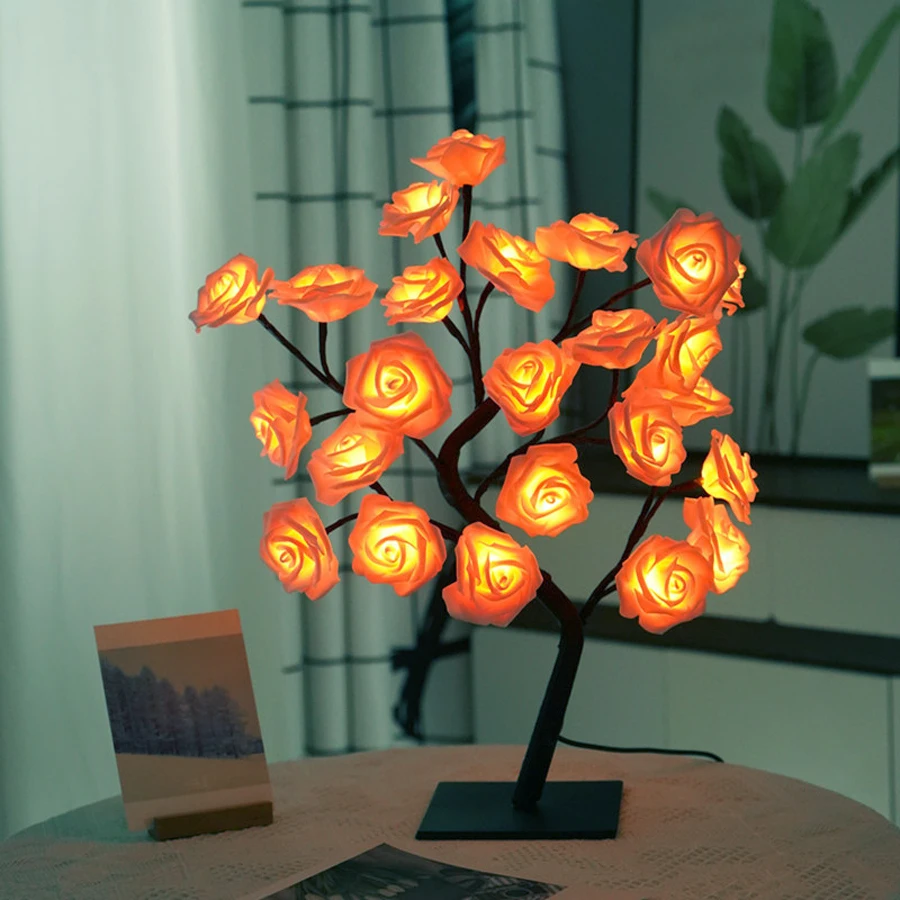 LED simulation rose tree light, detachable plastic base, USB switch, decorative night light
