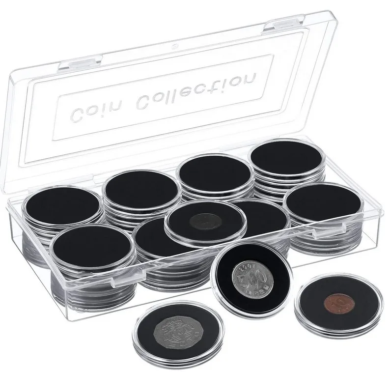 Caixa de Armazenamento para Moedas Comemorativas com 40 Peças, Transparente, Redonda, 30mm-50mm, com Gaxeta de Espuma Ajustável para Colecionadores de Moedas
