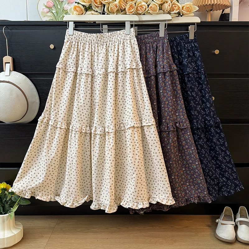 

OCEANLOVE Sweet Floral Skirt for Woman Autumn Winter Ruffles Vintage Long Skirts Korean Fashion A-line Elegant Faldas Mujer