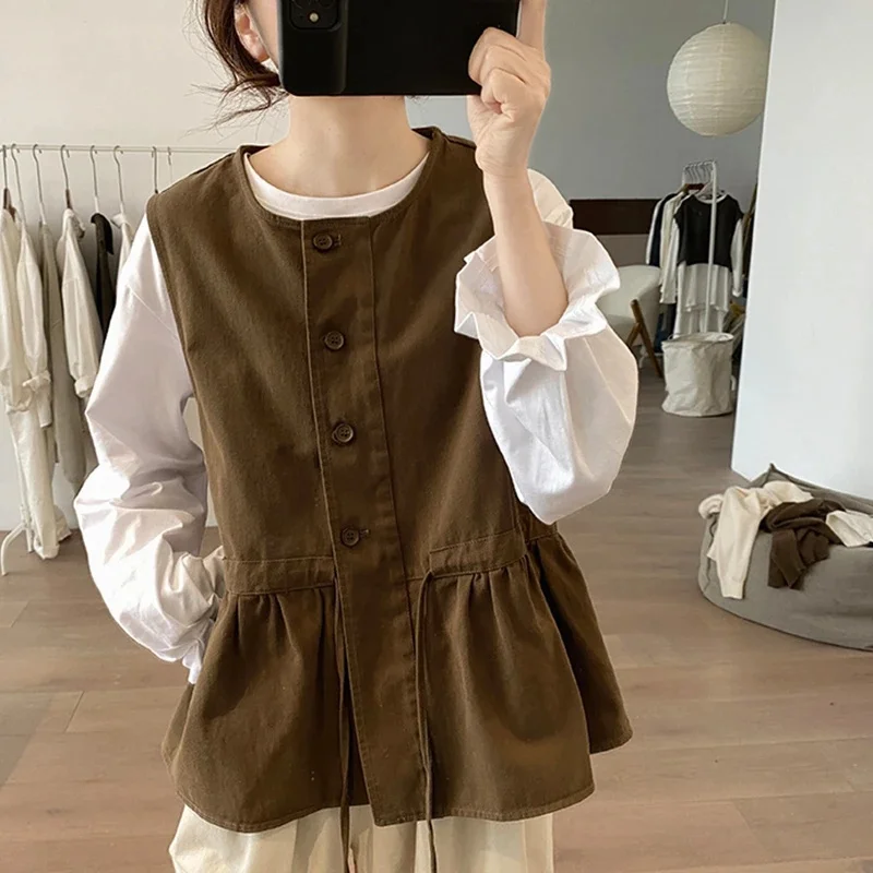 

Fashion Vest Women's Vests Waistcoat new 2025 Spring Autumn Clothing Round Neck Drawstring Ruffle Design Vest Jacket Female Top