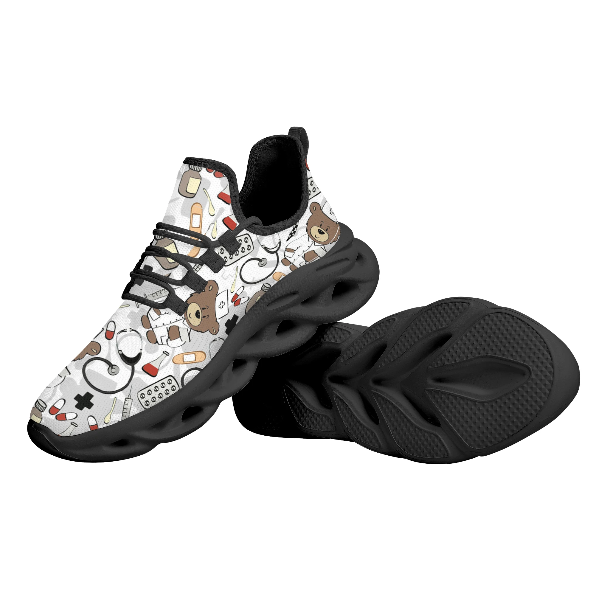 INSTANTARTS Female Cartoon Cute Nurse Bear Pattern Spring Flats Women Shoes Green Breathable Walking Sneakers Lace-up Footwear