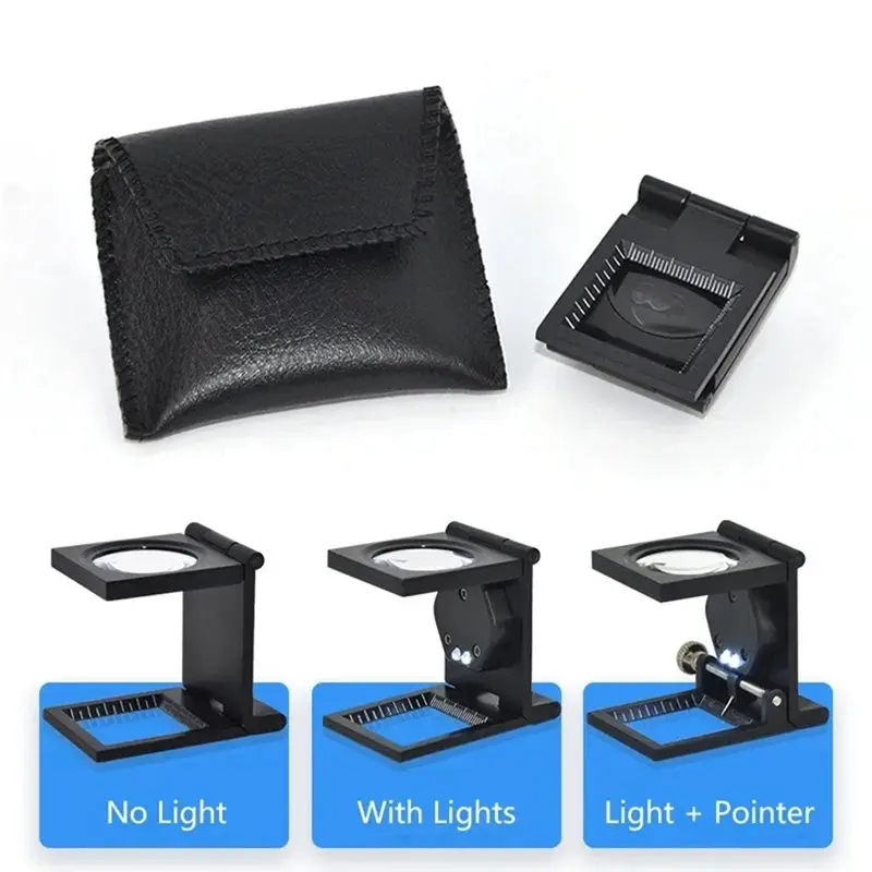 AAAN-LED Light Equipped 28Mm 10X Mini Foldable Optical Magnifier Glass Loupe Magnifying Tool With Scale Functionality Pointer