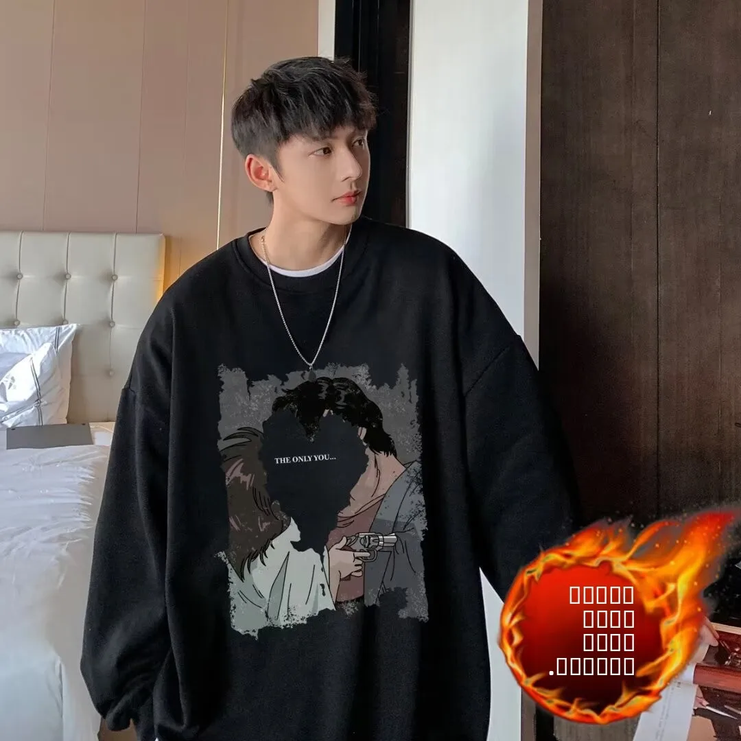 Men's Oversized Fce Lined round Ne Sweatirt Casual Loose Fit Autumn Winter Faion Brand Vintage American Sle Jaet