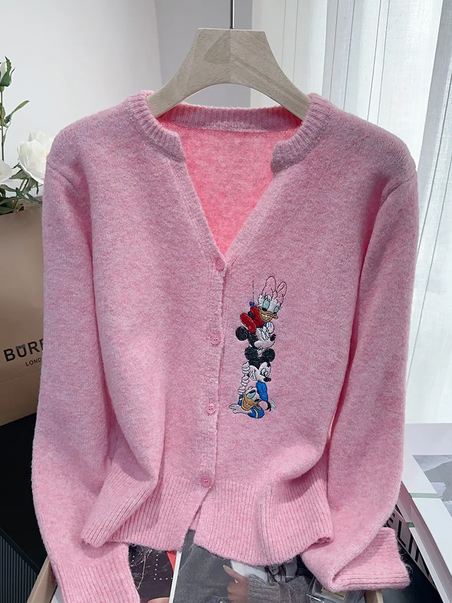 

Кардиган с вышивкой Диснея, свободный вид, стройнее, универсальный, с круглым вырезом, милый вязаный кардиган с Микки, женский свитер, пальто, куртка