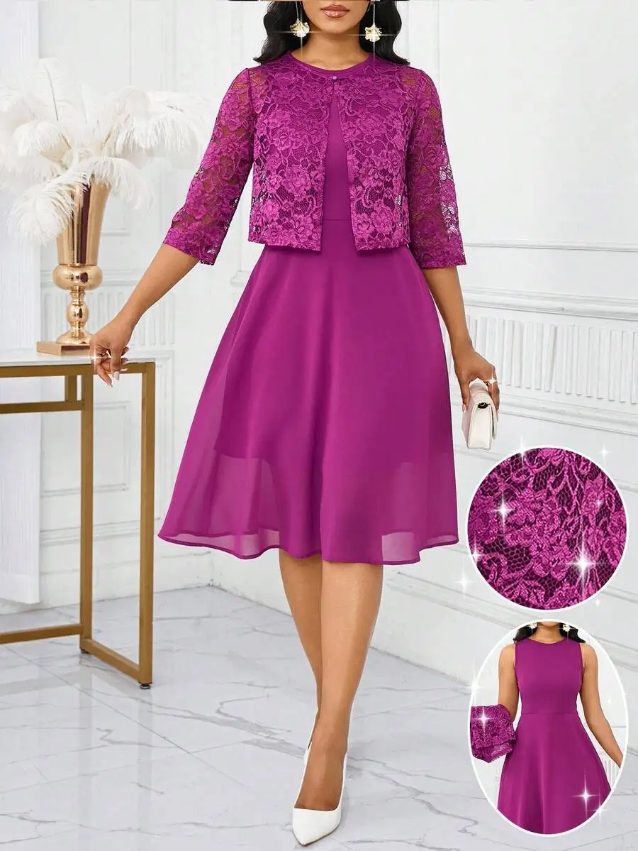 

Elegant Purple 2-Piece Set: Lace Bolero Jacket & A-Line Chiffon Dress