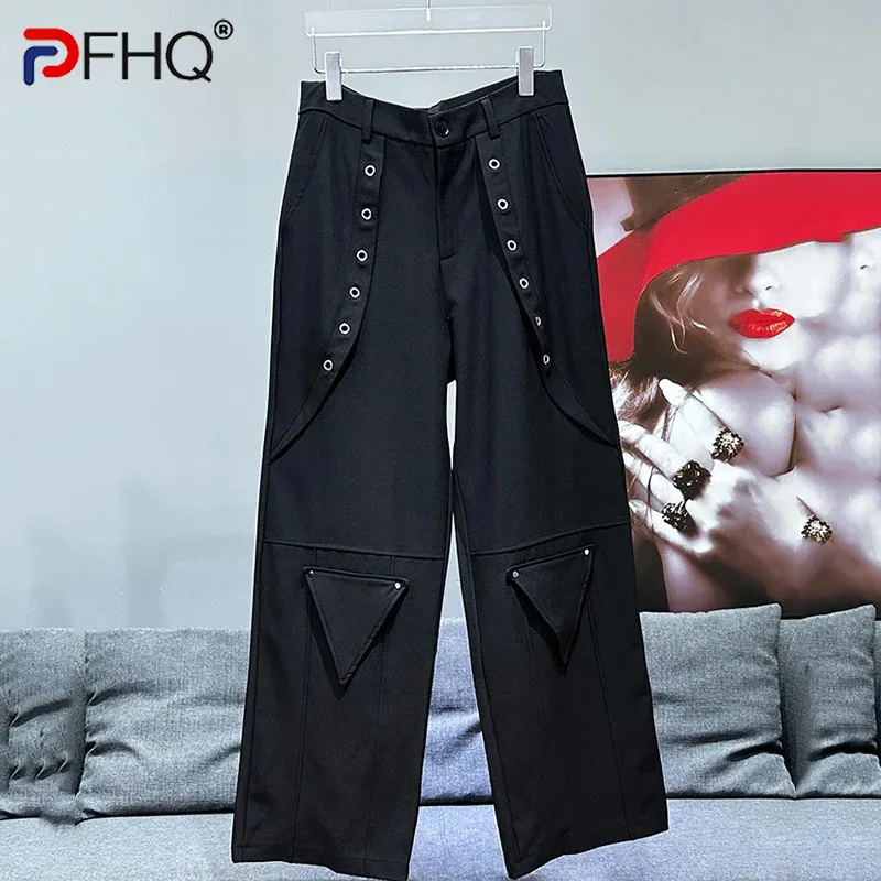 

PFHQ New Korean Fashion Niche Metal Decoration Straight Leg Pants Trendy Versatile Splicing Design 2024 Male Trousers 21Z5459