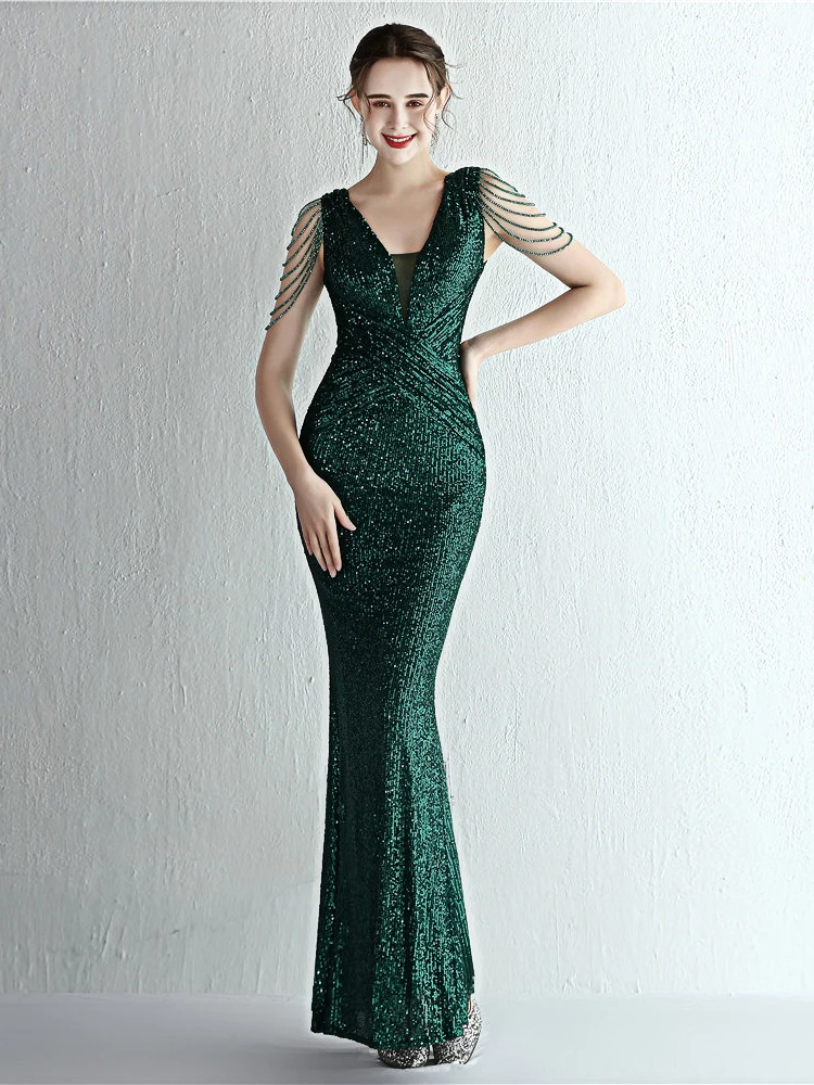 

Элегантное длинное вечернее платье с блестящим шлейфом, женское, сексуальное, с блестками, на молнии, со средней талией, из смесового хлопка, с вышивкой пайетками