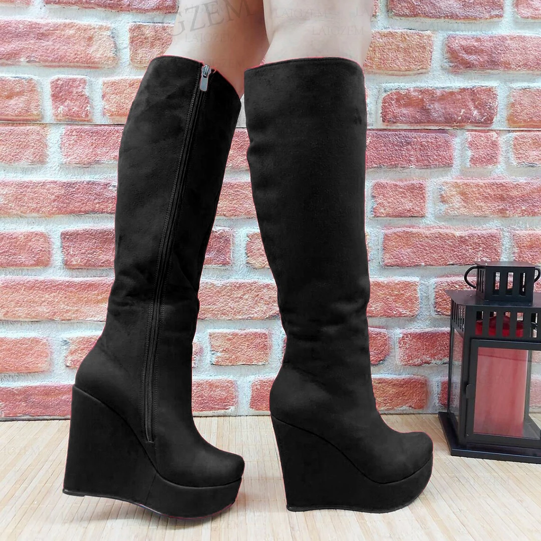 DOHBANER Women Knee High Boots Platfrom Wedge High Heels Boots Side Zip Female Ladies Handmade Shoes Woman Big Size 42 45 48 52