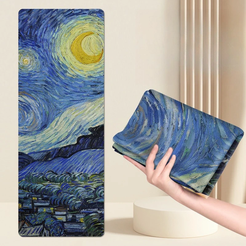 1.5mm Suede Natural Rubber Yoga Mat Towel Ultra Thin Oil Painting Print Non-Slip Foldable Portable Travel Fitness Mat