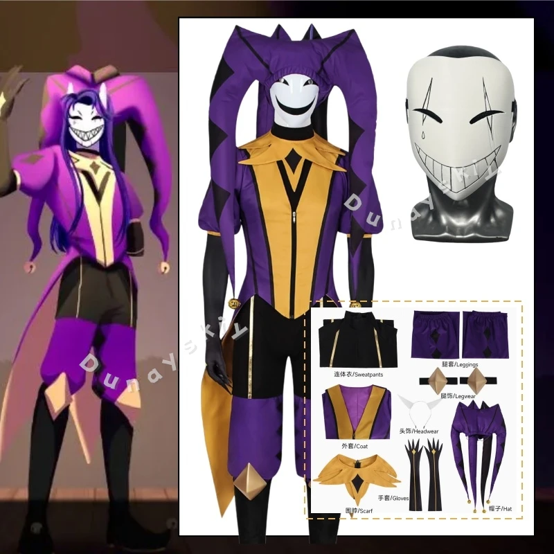 Game The Freak Circus-Jester Cosplay Purple Clown Outfit Mask Hat Costume Halloween Horror Men Dunayskiy@@ Roleplay Clothing