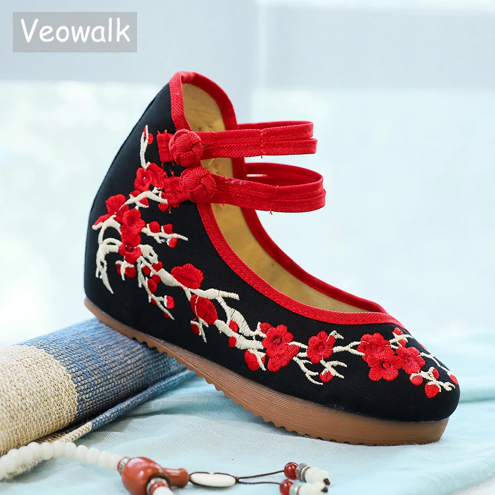 Veowalk Chinese Style Women Canvas Hidden Platform Shoes Plum Flower Embroidered Vintage Ladies Casual Ankle Strap Shoes