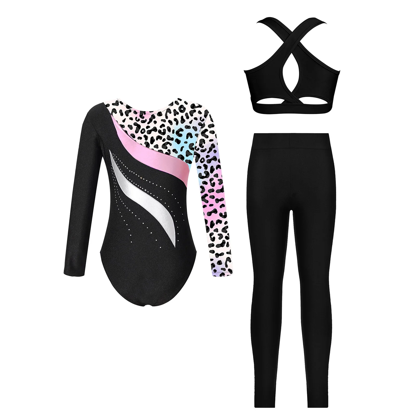 Kids Girls Gymnastics Outfit Long Sleeve Metallic Patchwork Printed Leotard with Cross Back Vest And Leggings